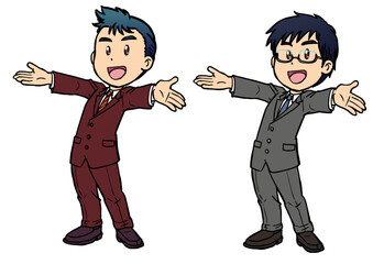 笑顔で両手を広げるスーツの男性2