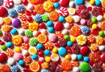Fototapeta premium vibrant display colorful assorted candies creating striking juxtaposition bright white surface, assortment, bar, cheerful, chocolate, confections