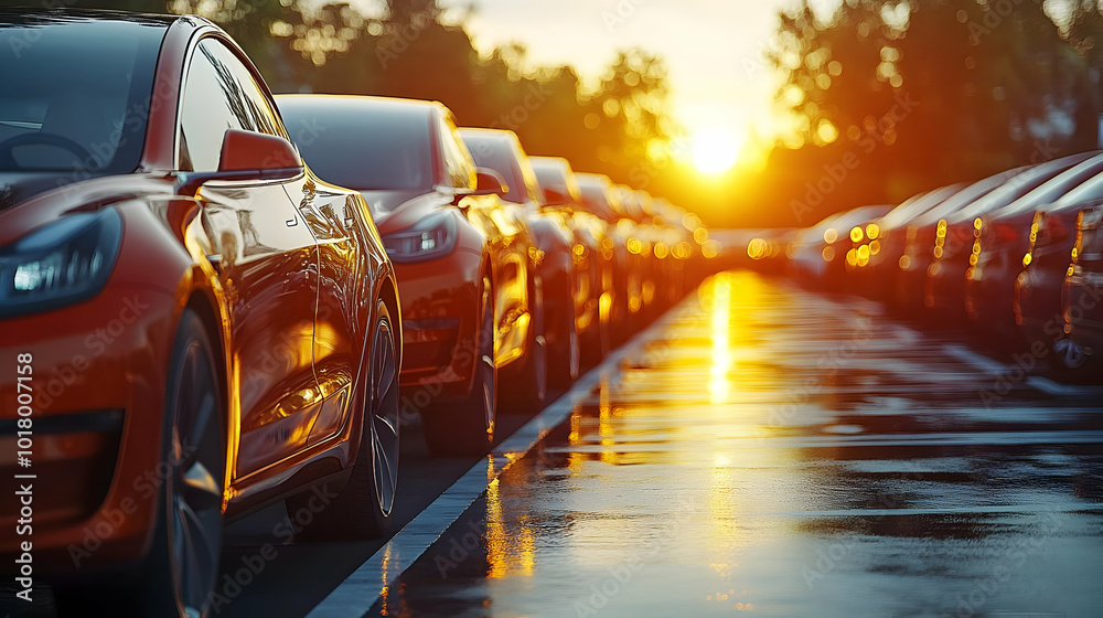 Canvas Prints Cars lined up in a parking lot during sunset with reflections.