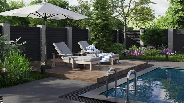 Swimming pool with equipped relaxation area. 3D rendering