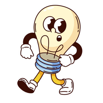 Groovy light bulb cartoon character walking. Funny retro electric bright lightbulb with surprise on face. creative idea, solution mascot, cartoon cute bulb sticker of 70s 80s style vector illustration