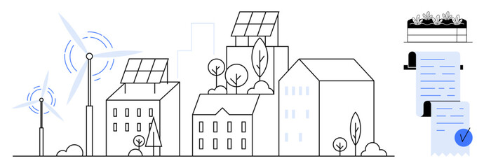 Fototapeta premium Colorful outline of a city with buildings, trees, wind turbines, solar panels, and documents for efficient resource management. Ideal for sustainability, renewable energy, urban planning, green