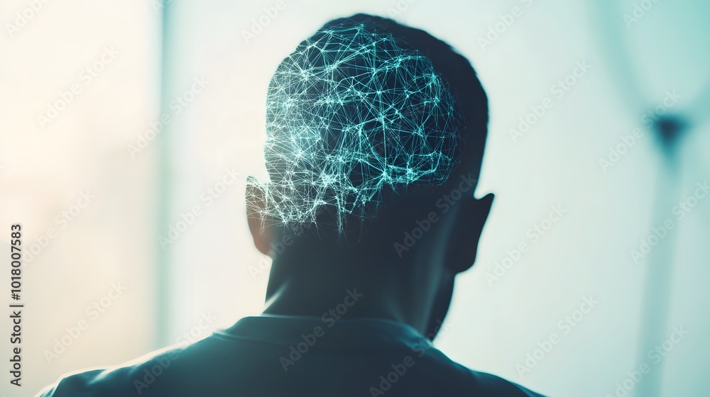 Canvas Prints Rear view of a man with a glowing digital network overlaying his head.