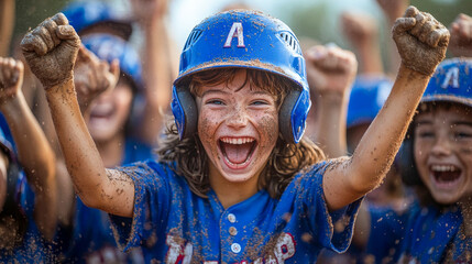 Ecstatic young baseball player celebrating with teammates, covered in dirt, after a victorious game