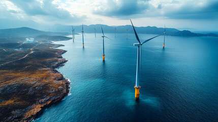 Clean energy being generated by an offshore wind farm near a stunning island shore