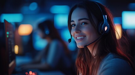 A smiling female call center worker wearing headsets, sitting at desks in an office environment with computer screens and other busy