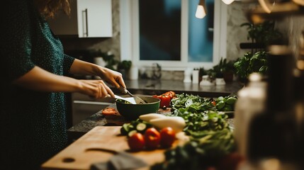 Female preparing a vibrant array of fresh vegetables, cutting and arranging them on a countertop, perfect for healthy vegan cooking