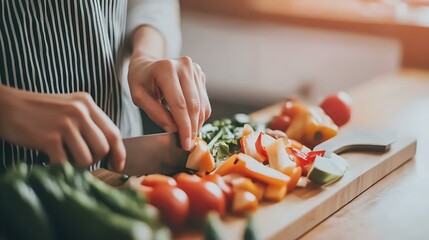 A woman slicing fresh vegetables on a wooden cutting board, preparing healthy vegan ingredients for a meal in a bright kitchen