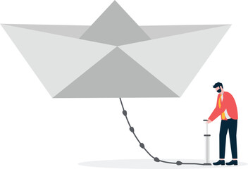 Obraz premium Businessman uses air pump to paper boat, increasing risk