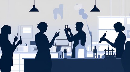 Silhouettes of diverse scientists engaged in research and collaboration in a lab.