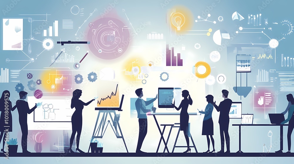 Wall mural Diverse team collaborating on data analysis and innovation in a modern workspace.