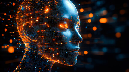 A techno-human face adorned with glowing digital elements, illustrating the harmony between humanity and advanced technology.