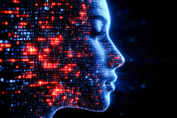 The digital silhouette flows seamlessly with binary code, showcasing the merger of human essence and technological advancements.