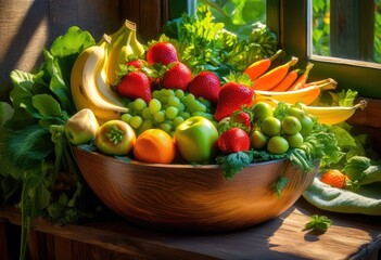 colorful arrangement fresh fruits vegetables bowl showcasing bright palette, vibrant, citrus, apples, oranges, bananas, berries, tomatoes, peppers
