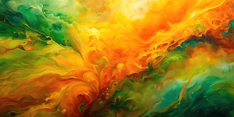 Abstract painting with warm colors of orange, green, and yellow from a high angle view