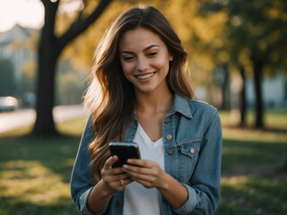 beautiful women smiling and using mobile outdoor.AI Generative