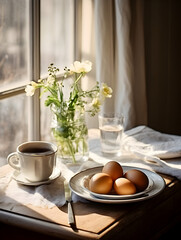 Cooked eggs in a bowl on table with sunny window in the kitchen 