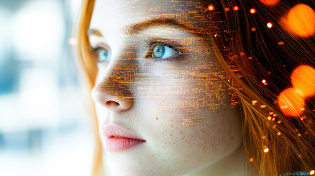 Illuminated portrait of a girl with digital patterns overlaying her face, symbolizing the intersection of identity and technology.