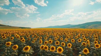 Aerial view of sunflower field in full bloom, with bright yellow flowers stretching across landscape