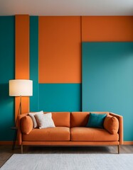 sofa against orange and turquoise paneling wall. Minimalist interior design of modern living room.
