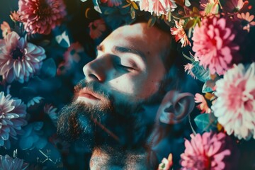 A serene man rests among pink and white flowers, his surroundings whispering peace and dreams.
