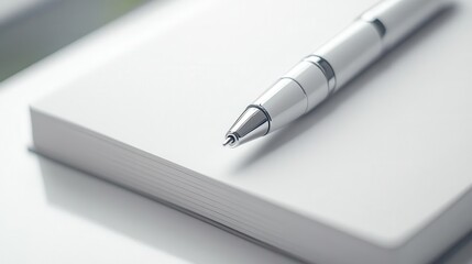 Fototapeta premium A sleek silver pen placed on a clean notepad, symbolizing creativity and organization in a minimalist workspace.