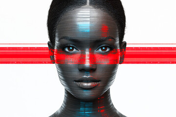 A striking image of a face with a red horizontal band across the eyes, reflecting modern digital aesthetics and emotions.