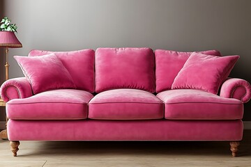 Plush pink sofa with cushions against a neutral wall.
