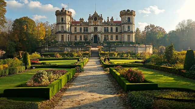 A grand castle surrounded by meticulously landscaped gardens under a clear blue sky footage
