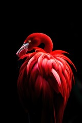 A striking close-up of a vibrant red flamingo against a dark background.