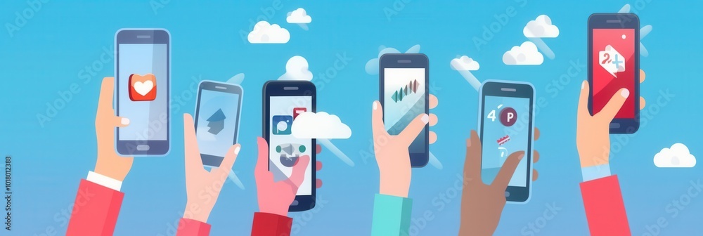 Aufkleber multiple hands hold smartphones showing different social media applications under a sunny sky with w