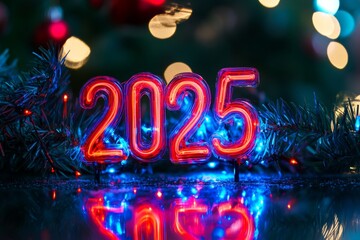 Festive neon 2025 sign surrounded by glowing Christmas lights in a cozy holiday setting