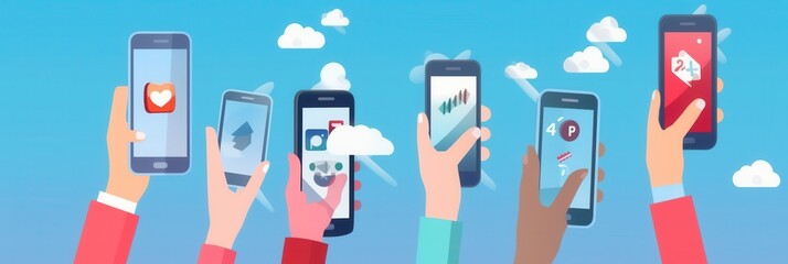 Multiple hands hold smartphones showing different social media applications under a sunny sky with white clouds. Generative AI