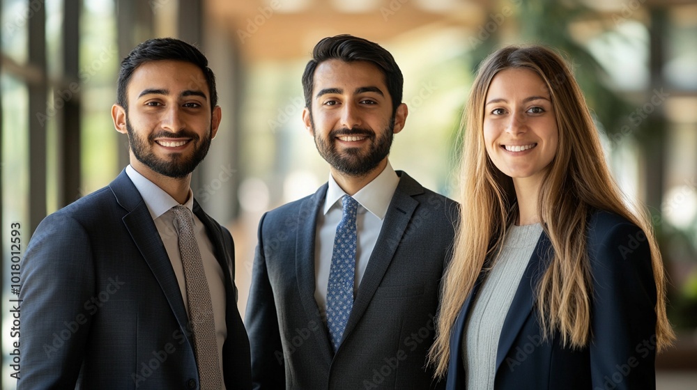 Wall mural portrait of three coworkers, close-up on faces, two men and one woman of various nationalities, warm