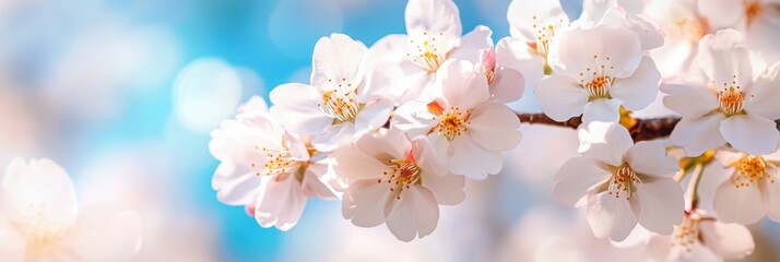 Fototapeta premium Cherry Blossoms in Bloom, delicate petals unfolding under a vibrant blue sky, nature's beauty in full display, springtime serenity captured