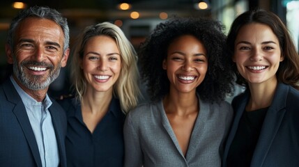 Fototapeta premium close-up portrait of four smiling business professionals, warm lighting on their faces, diverse group with different ethnic backgrounds, a balanced team of men and women