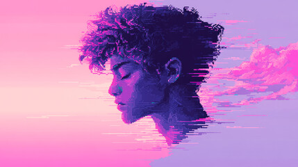 Fototapeta premium A vivid pixelated image of a person's silhouette against a dramatic sunset, blending digital and natural worlds in harmony.