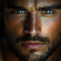 Fototapeta premium A striking close-up portrait of a serious man with intense green eyes and a rugged beard, showcasing a powerful expression.