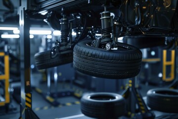 A car’s suspension system is highlighted in a streamlined automotive repair shop, showcasing intricate engineering and advanced maintenance techniques.