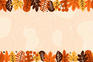 Textured Cream Background Template with a canopy of orange and red leaves as borders. Grunge Autumn Backdrop layout, pile of leaves on top and bottom. Fall or nature design wallpaper. Vector.