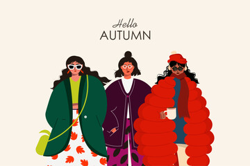 Fashion girls, autumn season, poster, banner, card