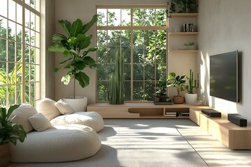 Cozy modern living room with plants and natural light.
