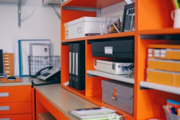Bright orange office shelving filled with binders and supplies, illustrating a neat and modern organizational system.