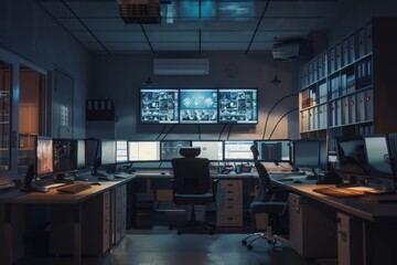 A quiet control room with multiple screens under soft fluorescent light, ideal for detailed monitoring and analysis tasks.