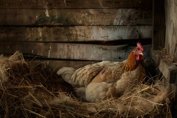 A speckled brown hen rests calmly in a sunlit corner of the henhouse, surrounded by soft straw and rustic wooden walls.