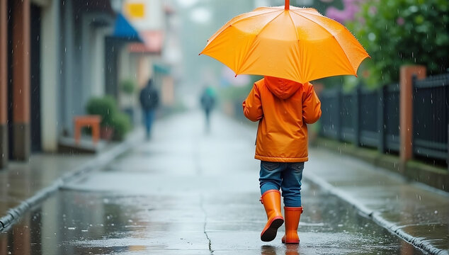 A young child wearing rain boots and holding an orange umbrella, walking on a wet sidewalk with puddles and rain drops
