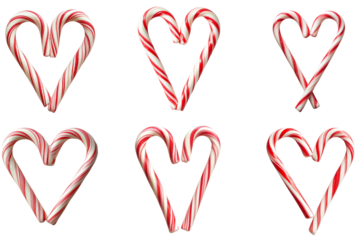 Set of Heart Shaped Christmas Candy Cane isolated on white background, PNG