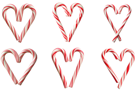 Set of Heart Shaped Christmas Candy Cane isolated on white background, PNG