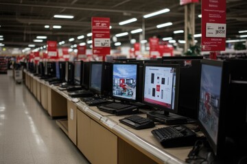 Discounted Electronics Display: A section of a store showcasing discounted electronics like TVs, laptops, and gaming consoles. Bright sale signs and banners emphasize the steep discounts. 