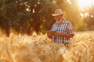 An older man stands in a sun-soaked wheat field, engaged with a digital tablet, beautifully blending tradition and technology in rural life.